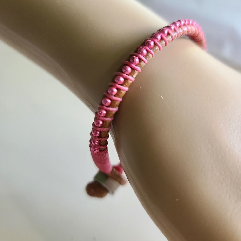 Leather Handcrafted Bracelet with Pink Beads 7” Wrist